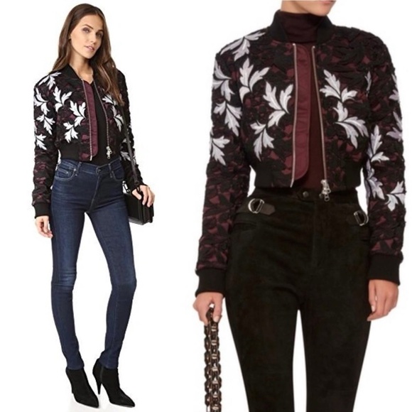 Self-Portrait Jackets & Blazers - Self-Portrait Black Bomber Jacket with White Floral Embroidery and Burgundy Trim